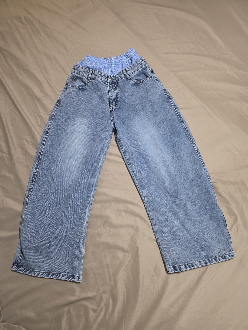 Aelfric Eden Mens XS Layered Boxer Jeans Wide Leg Baggy Plaid Waistband Y2K